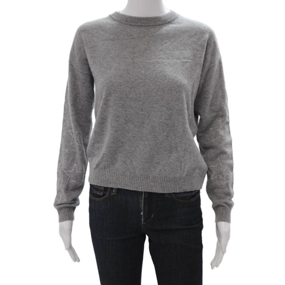 27 Miles Women Pullover Sweater Gray Cashmere Crewneck Stars Long Sleeve Size S